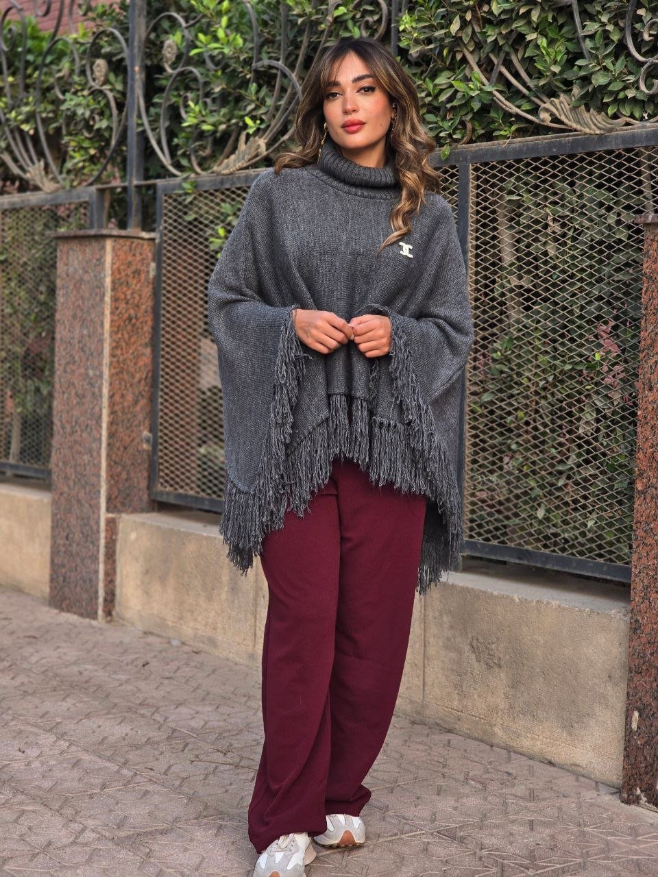 Grey Poncho High Neck With Fringes  - Image 4