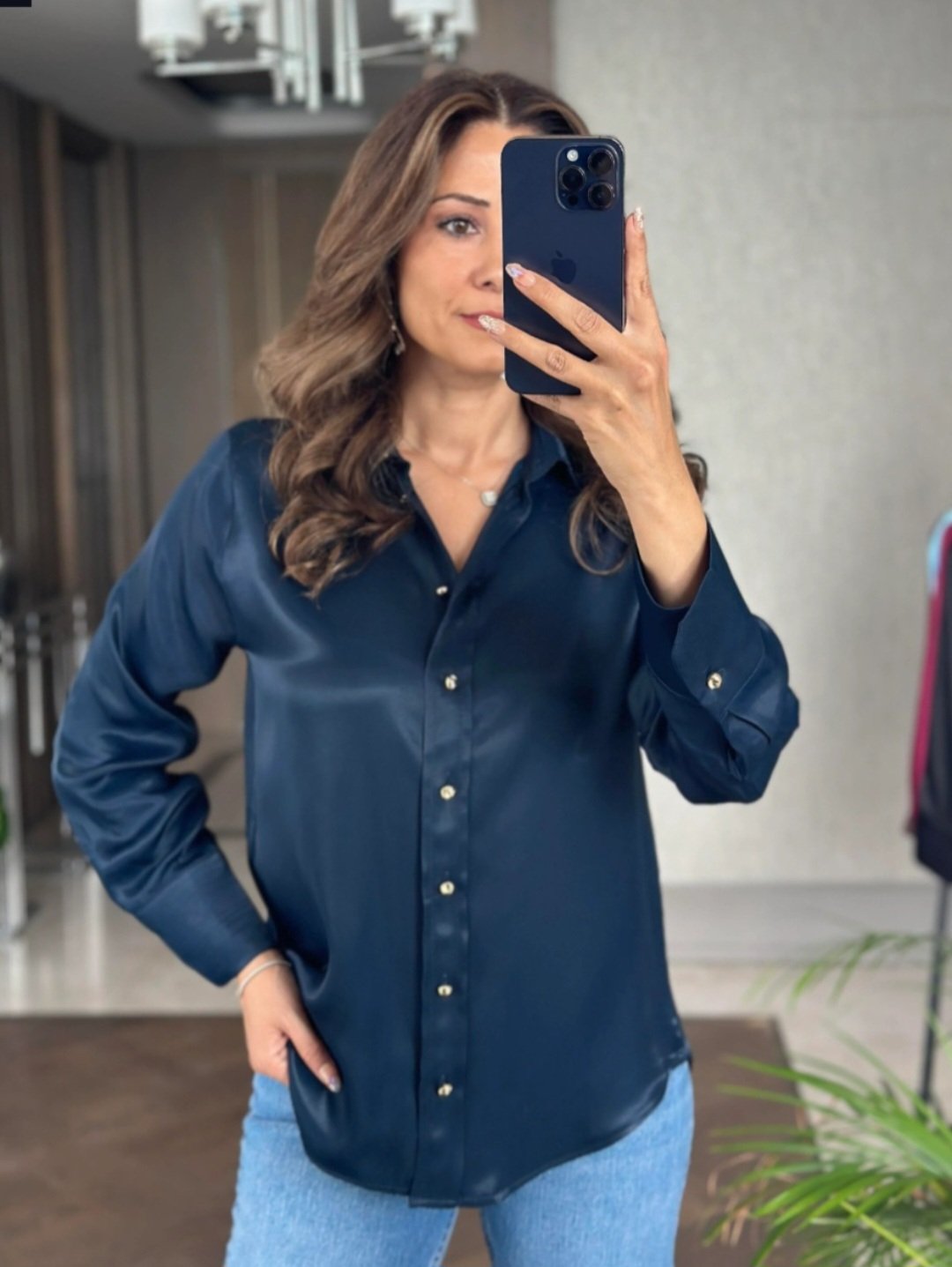 Navy Satin shirt with gold buttons  - Image 1