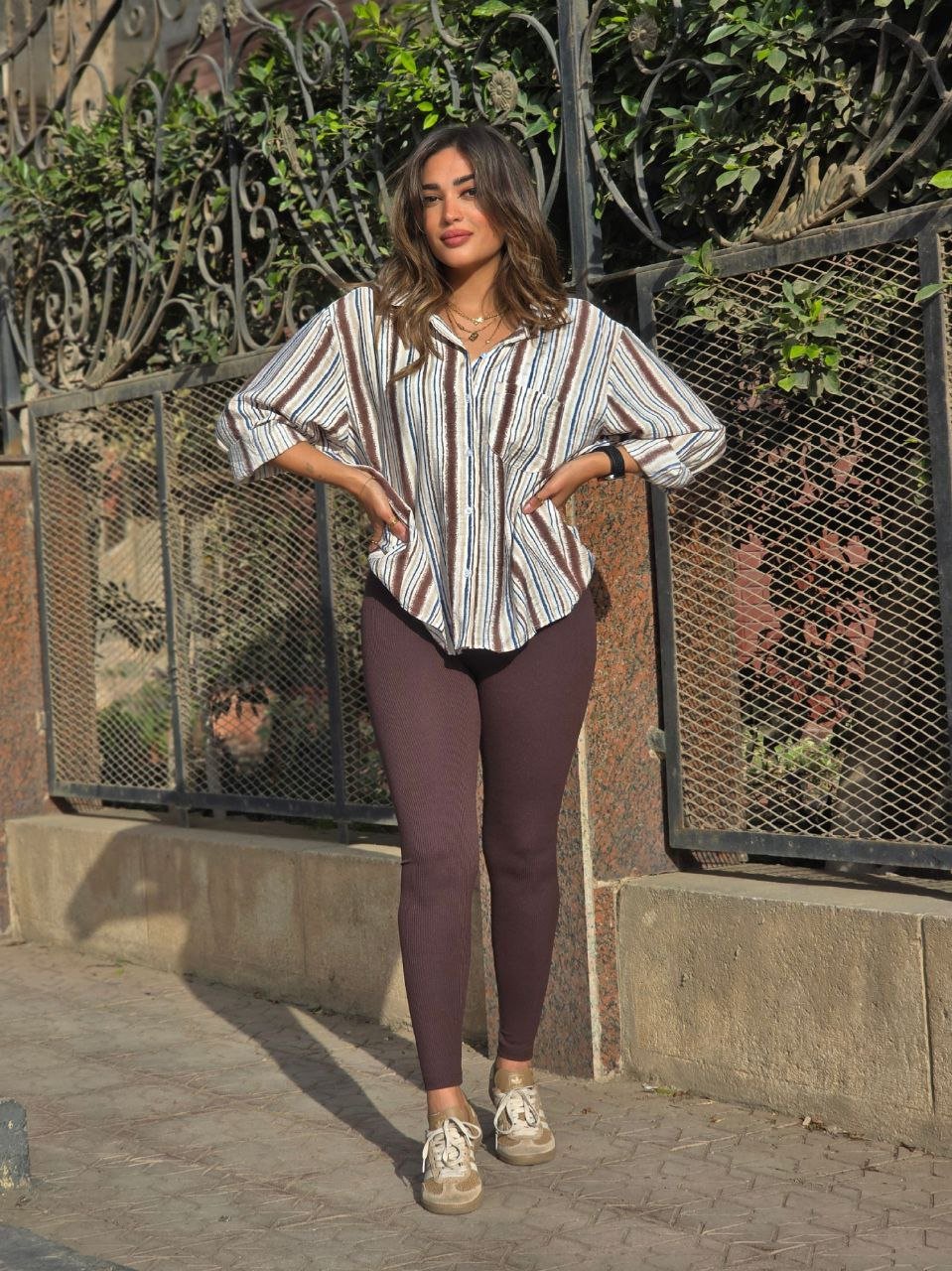 Brown Ribbed Cotton Leggings  - Image 2