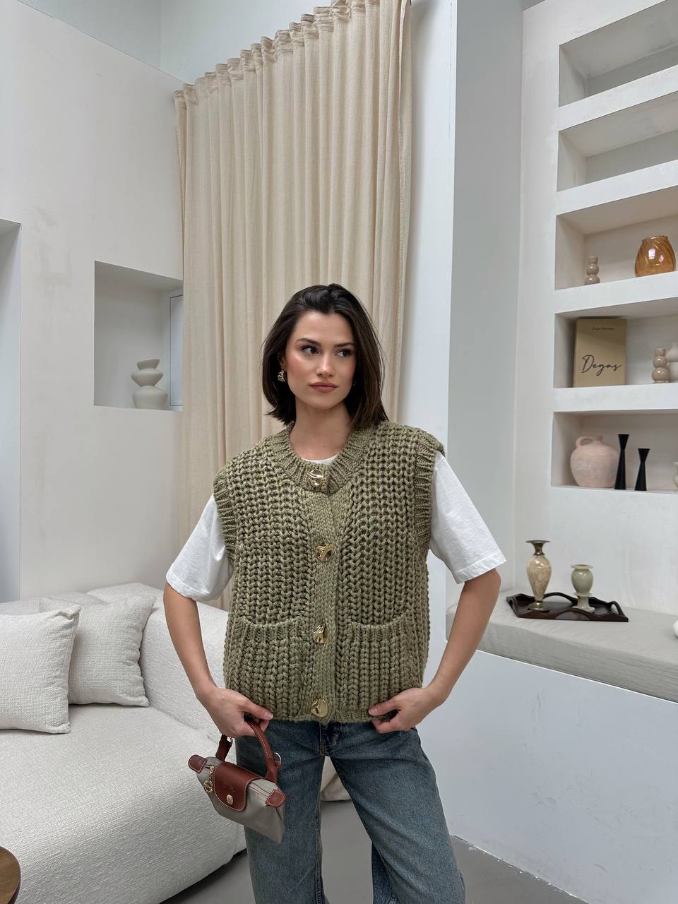 Olive Triko Vest With Gold Buttons  - Image 6