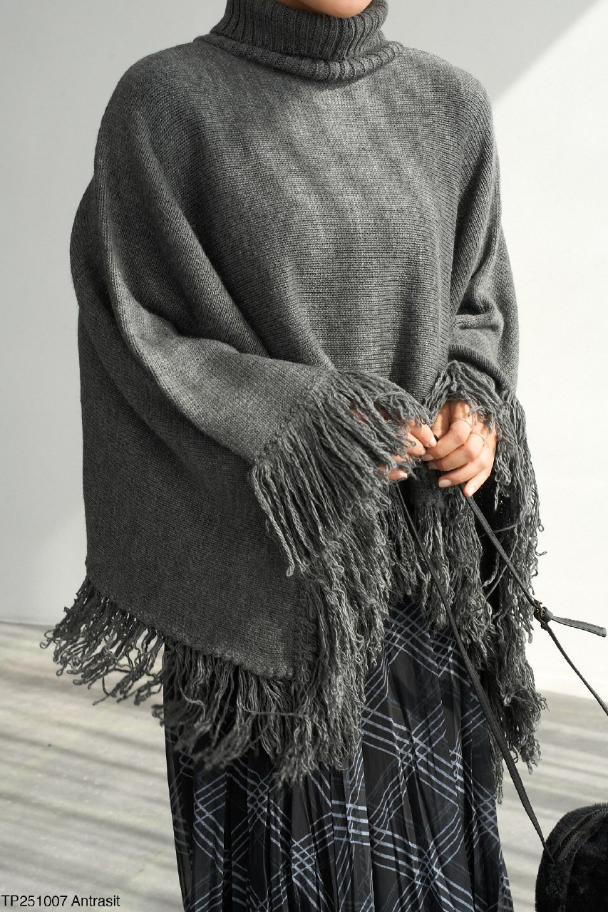 Grey Poncho High Neck With Fringes  - Image 5