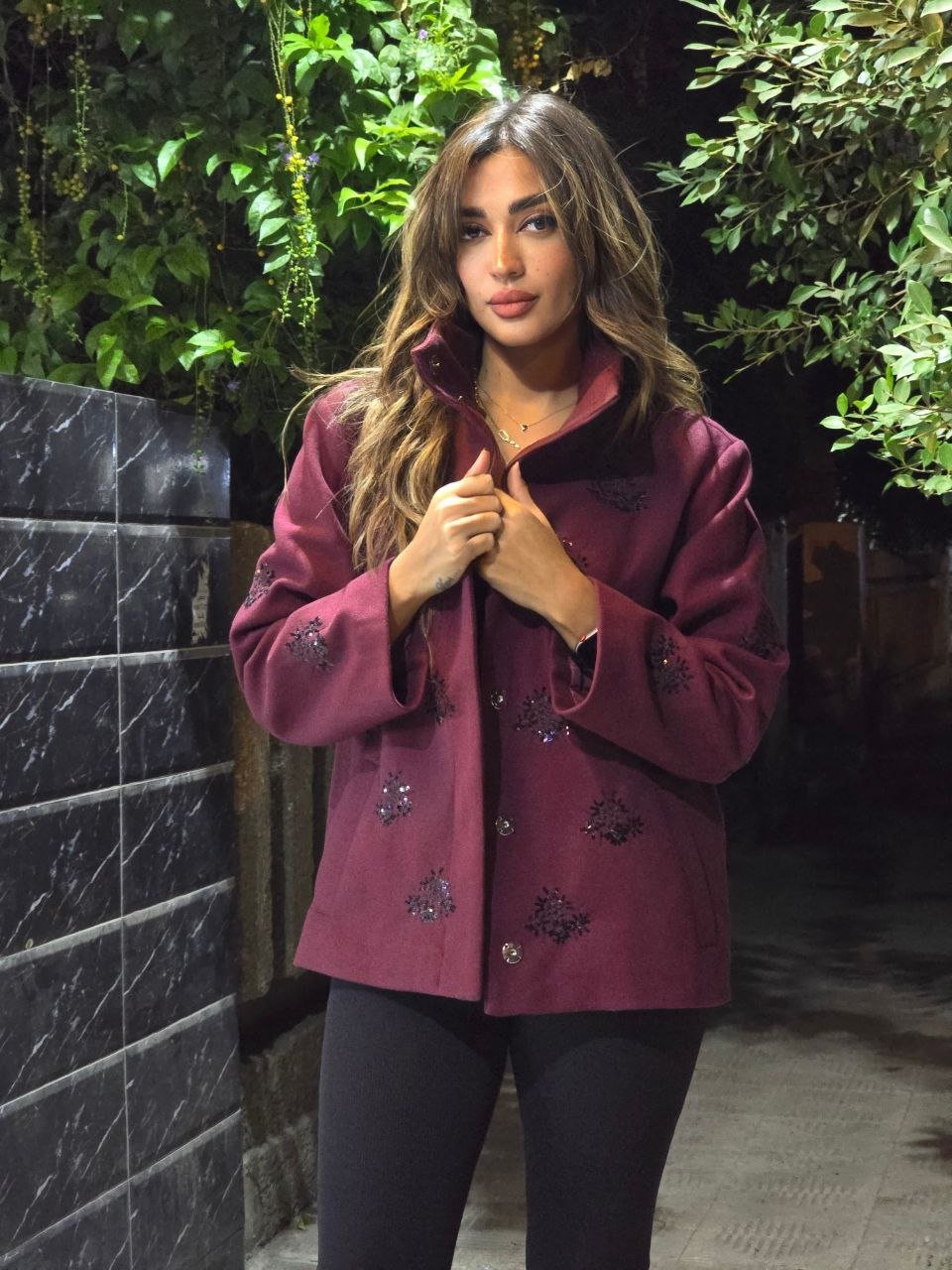 Classic Burgundy Jacket with Black Sequins - Image 1