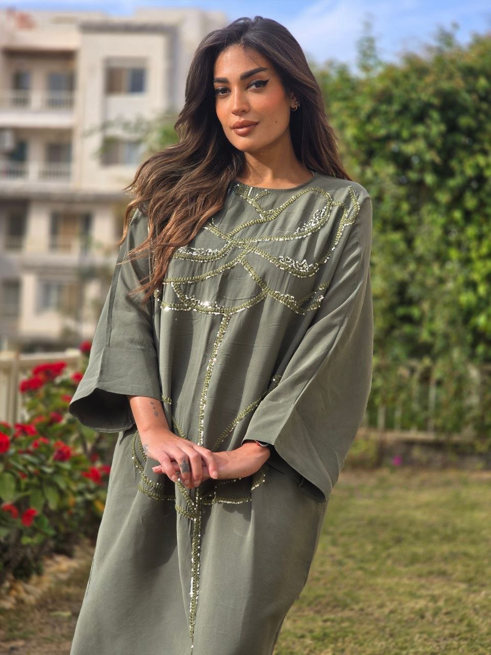 Olive floral embroidered dress - Image 6