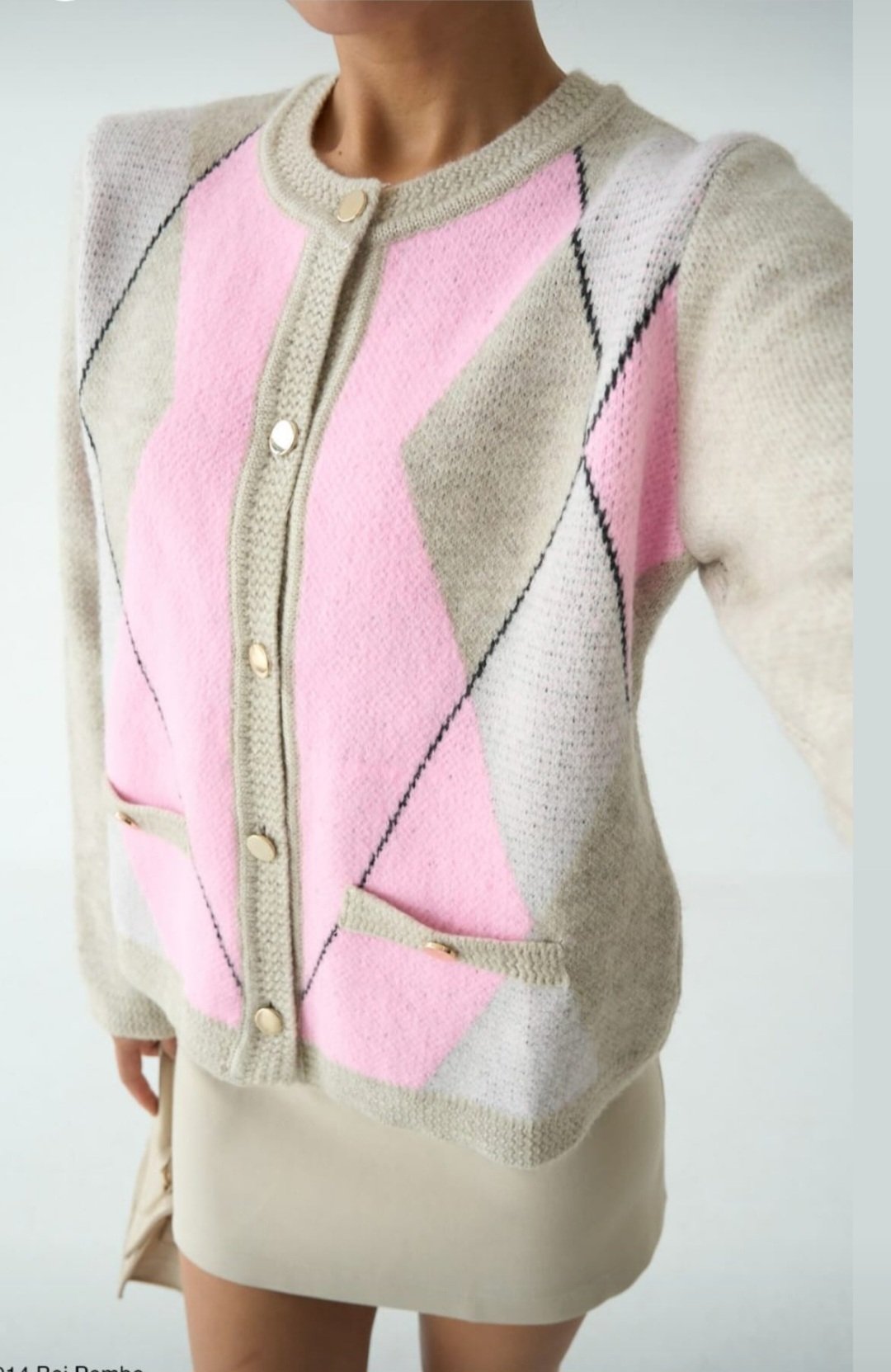 Créme Pink Baklava Hirka With Gold Buttons - Image 1