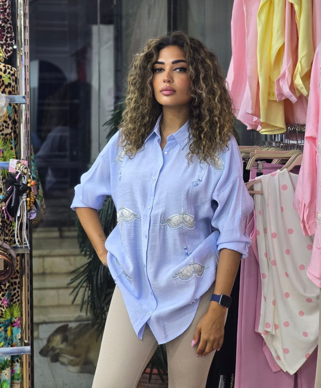 Baby blue Umbrella embroidered linen shirt 🌂  - Image 2