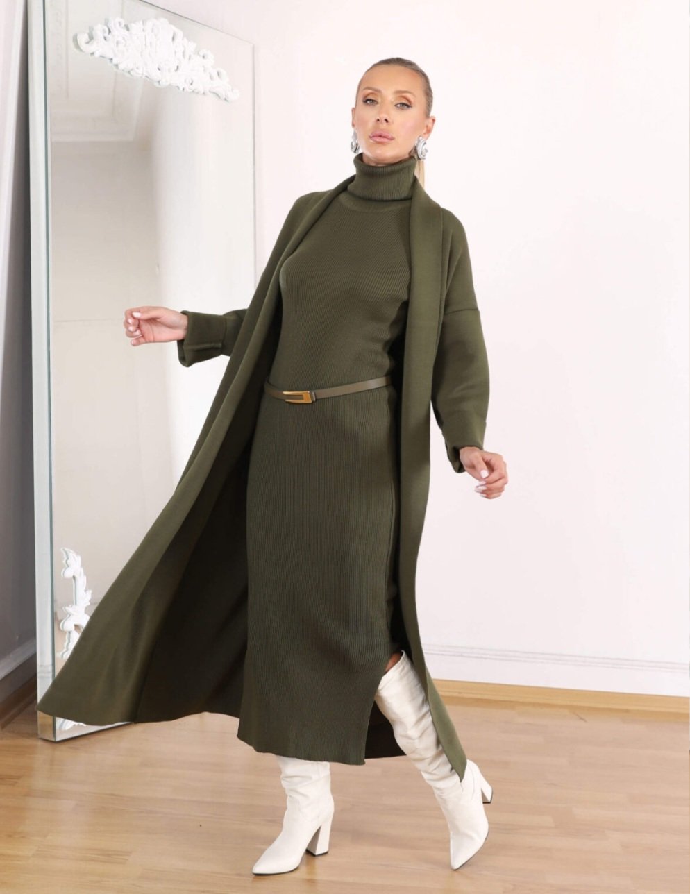 Olive Triko Dress And Cardigan (Set of 2 pieces) - Image 4
