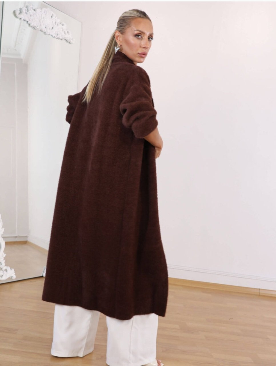 Long Open Chocolate Brown Mohair Cardigan  - Image 3