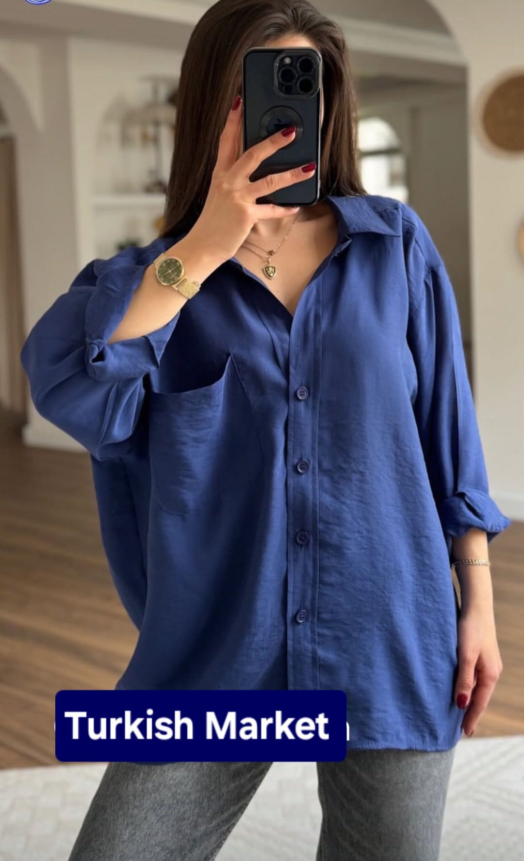 Navy blue linen shirt - صورة 1
