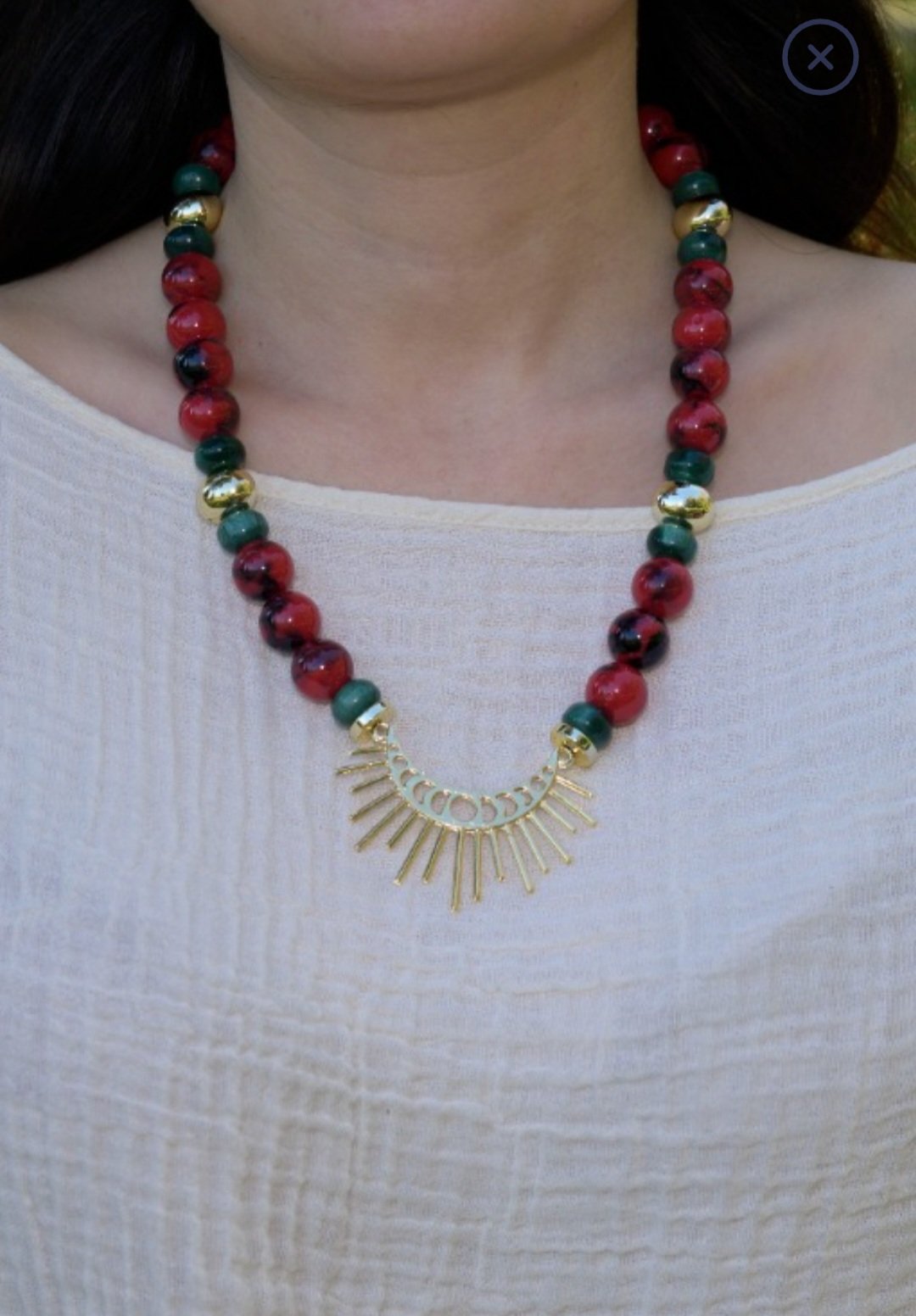 Red And Green Beaded Necklace With a Gold Toned Sun Burst Pendant  - Image 3