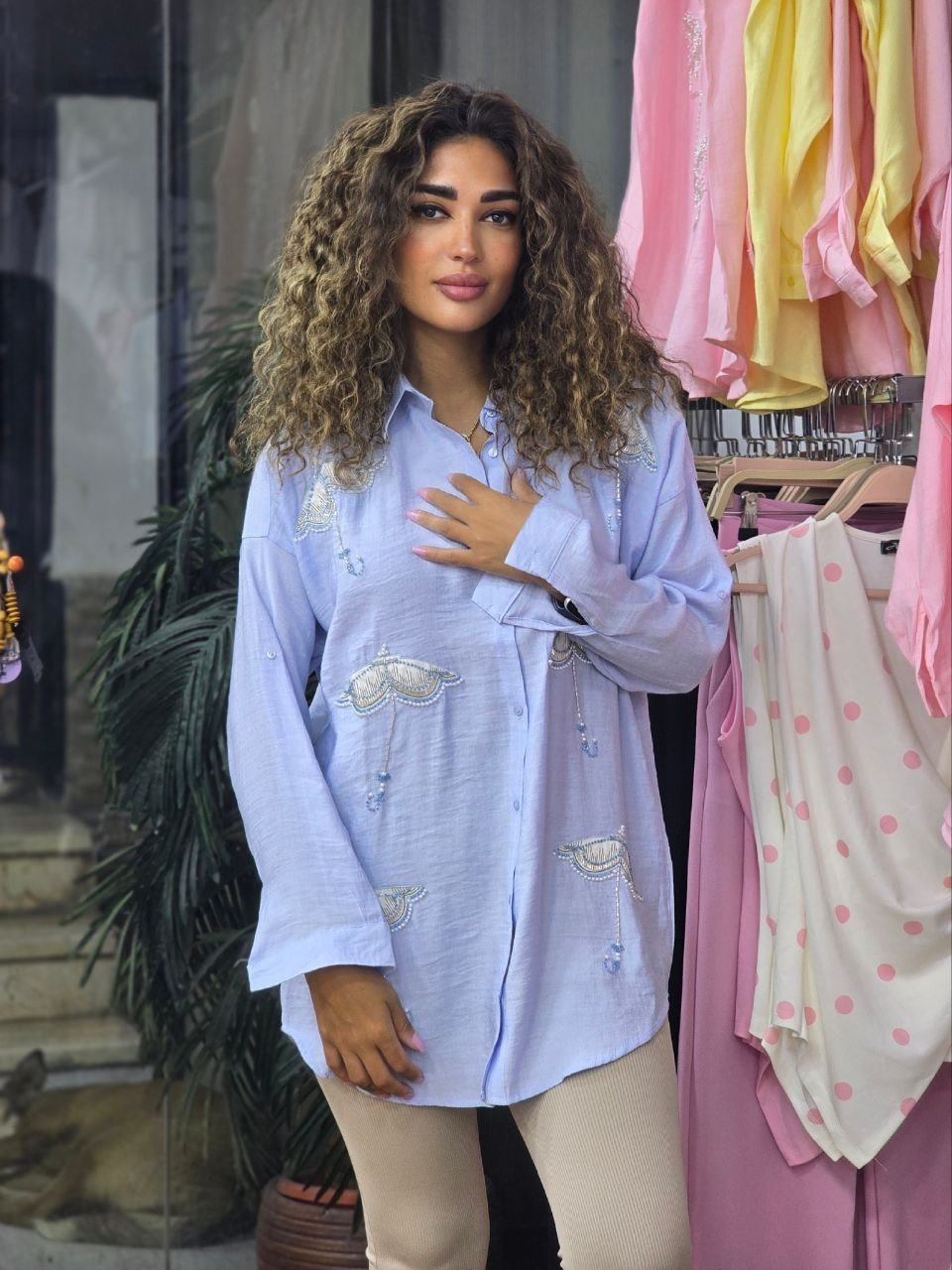 Baby blue Umbrella embroidered linen shirt 🌂  - Image 1