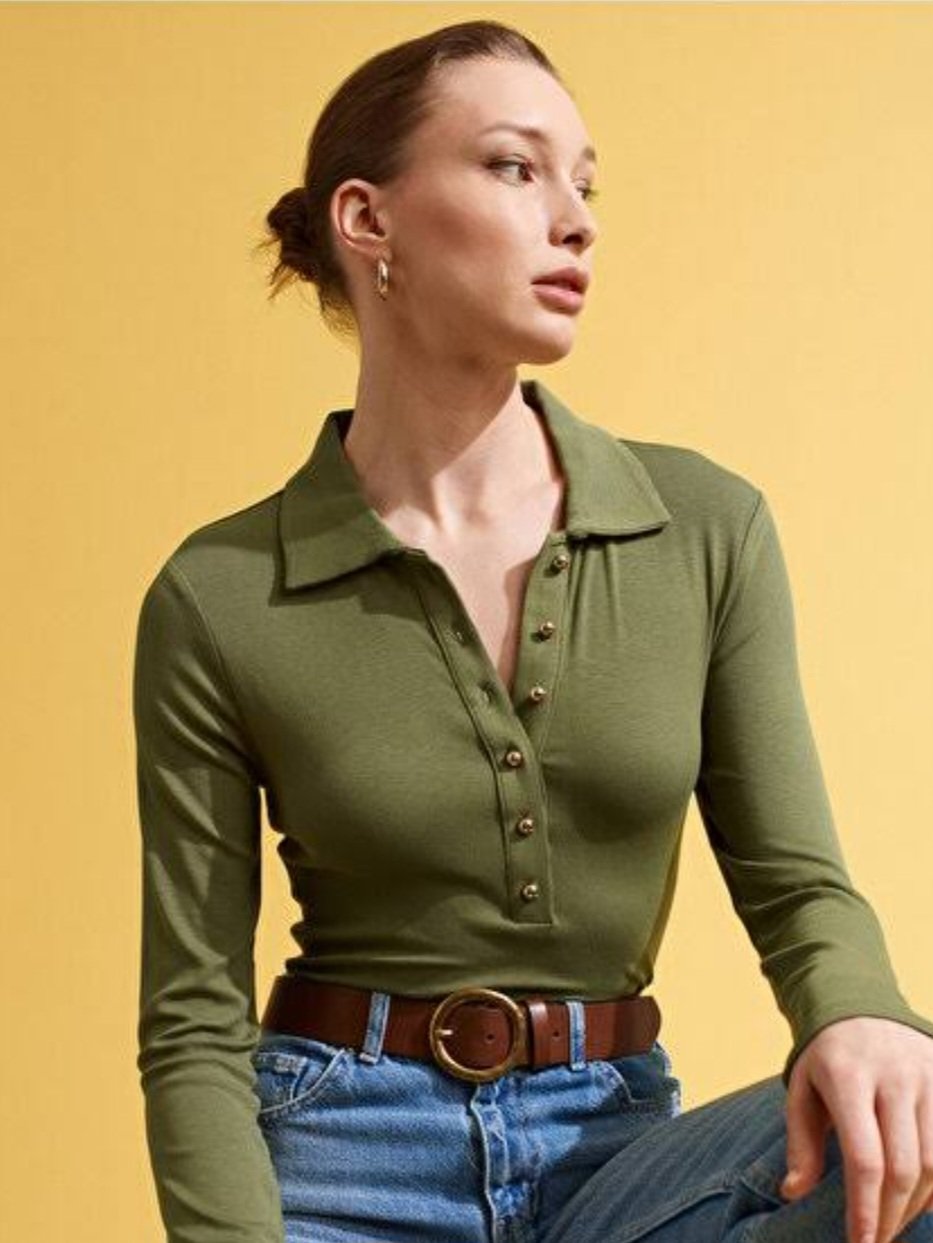 Olive Dilvin top with gold buttons  - Image 1