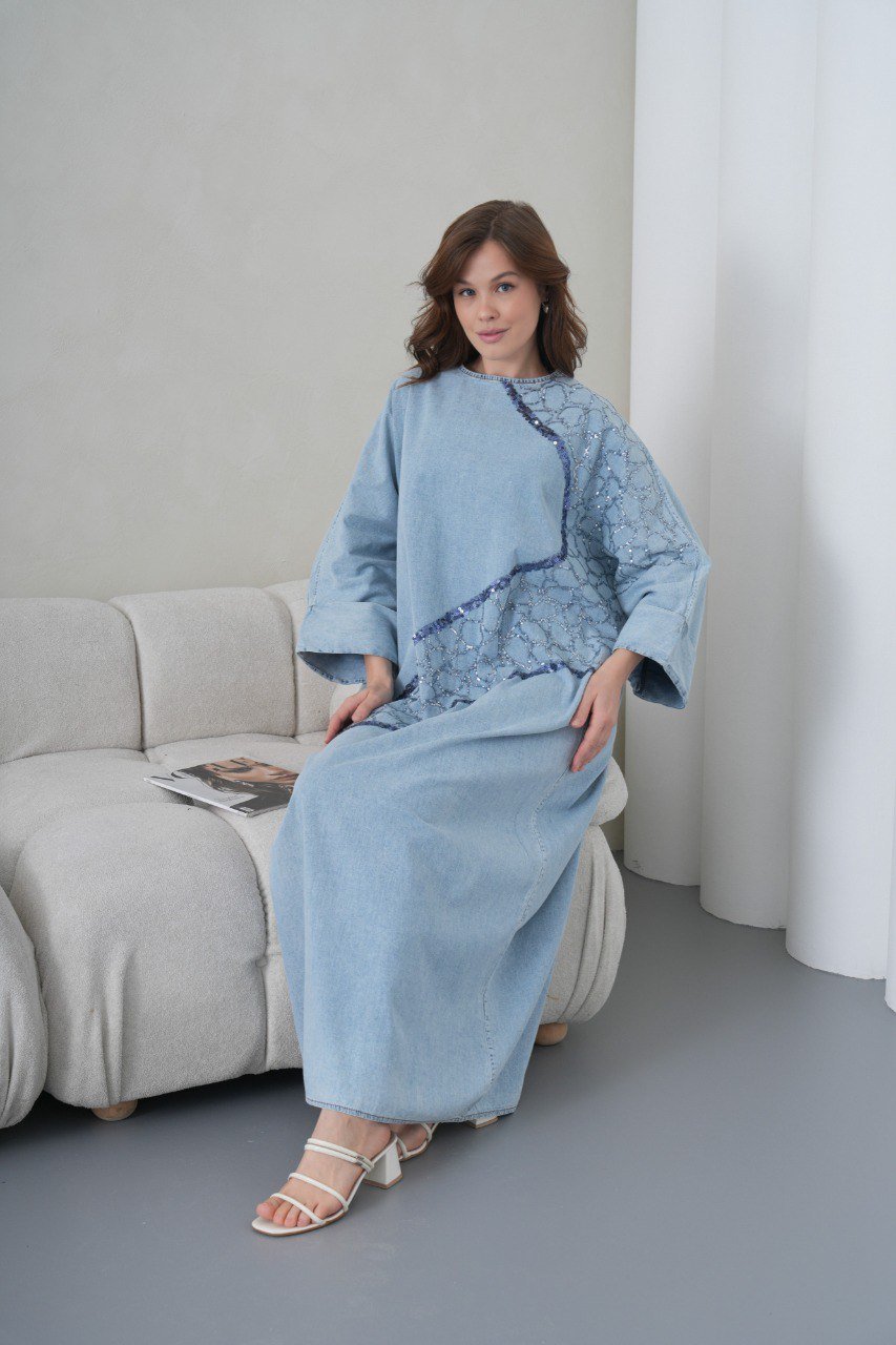 Light blue embroidered denim dress - صورة 7