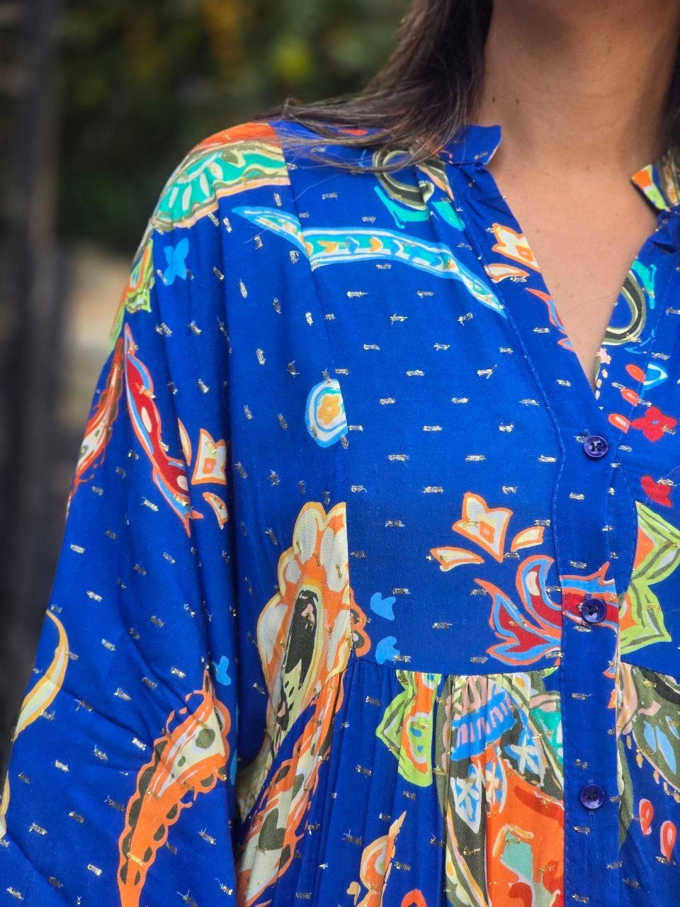 Royal blue multicolour dress with gold shimmer - Image 4