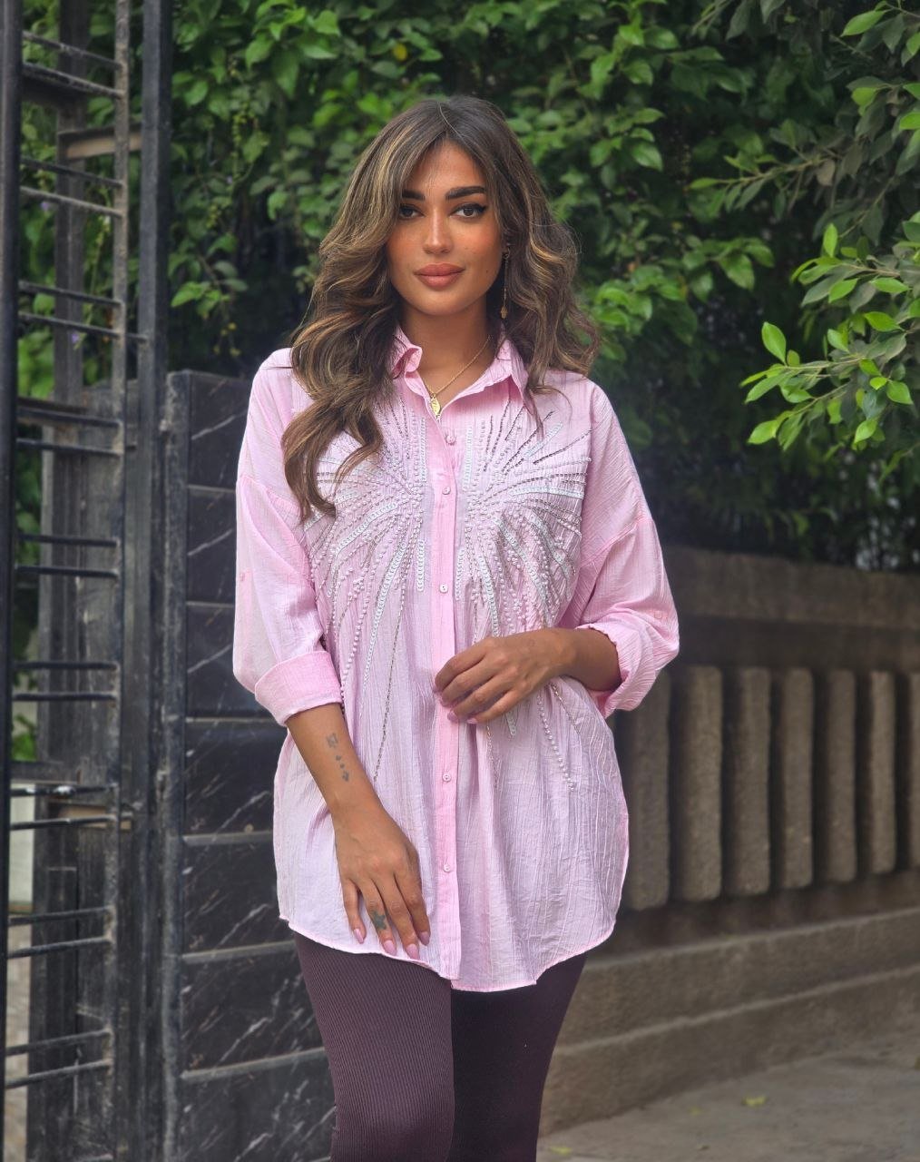Pink pearl rays embroidered shirt - Image 1
