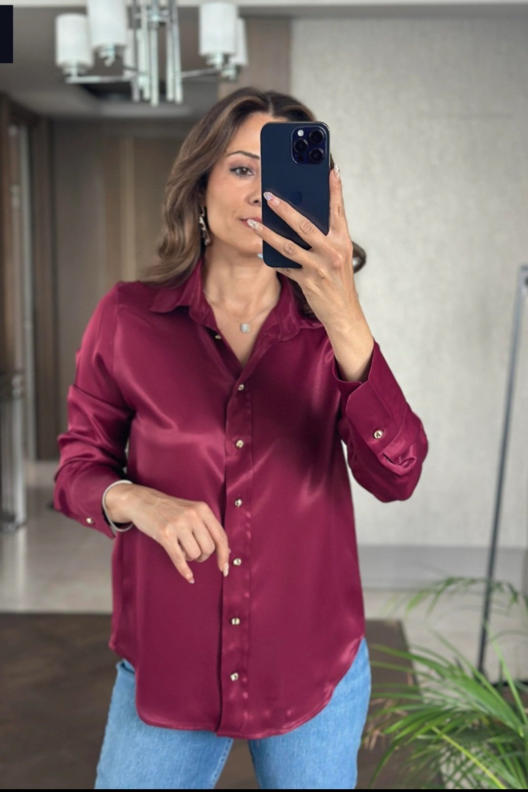 Burgundy satin shirt with gold buttons  - Image 2
