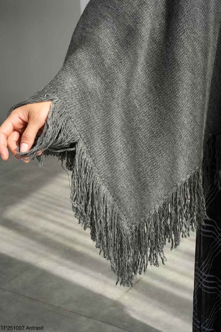 Grey Poncho High Neck With Fringes  - Image 8