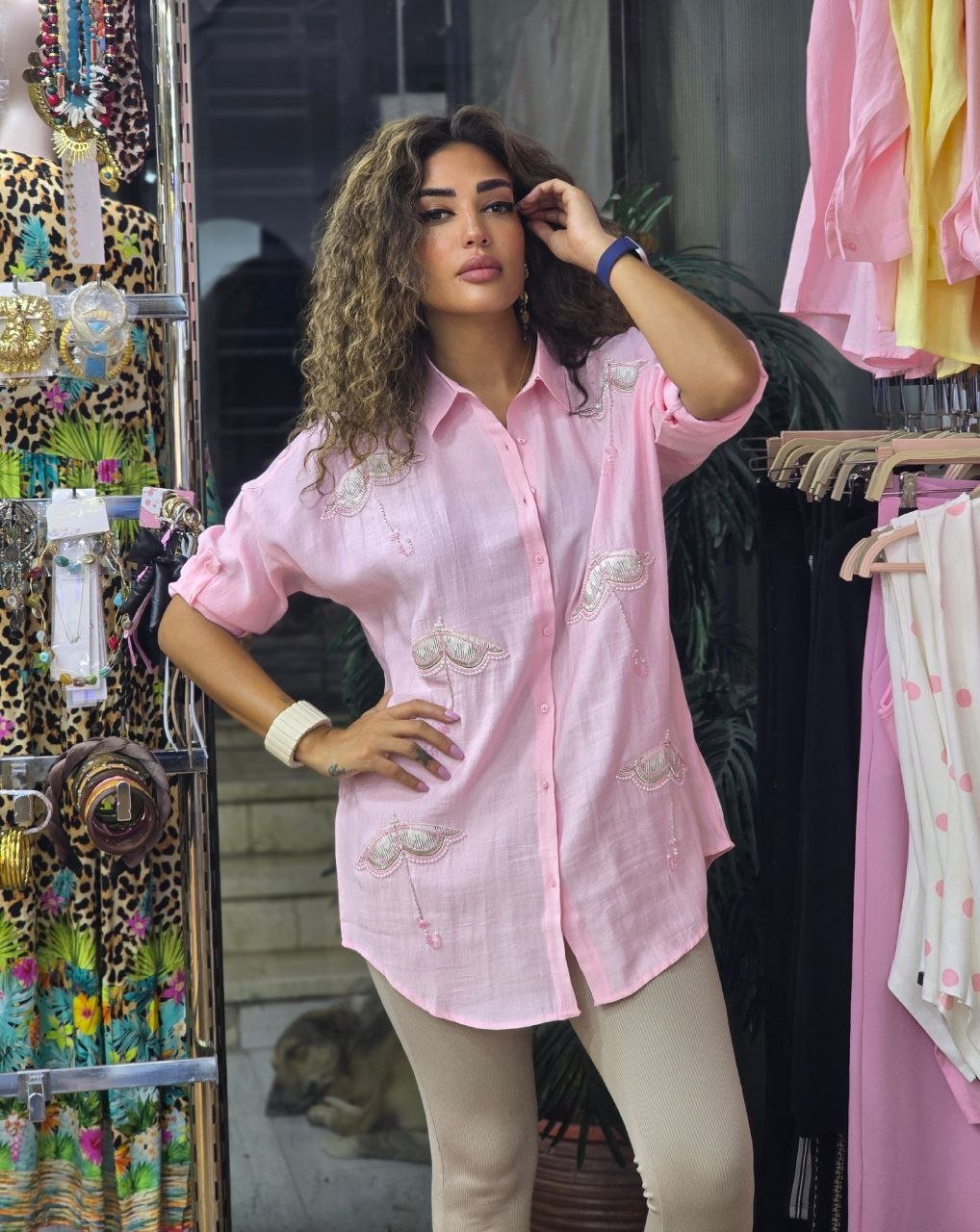 Pink umbrella embroidered linen shirt 🌂  - Image 1