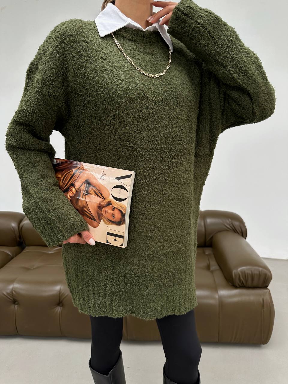 Nubby Textured Oversize Olive Pullover  - Image 2