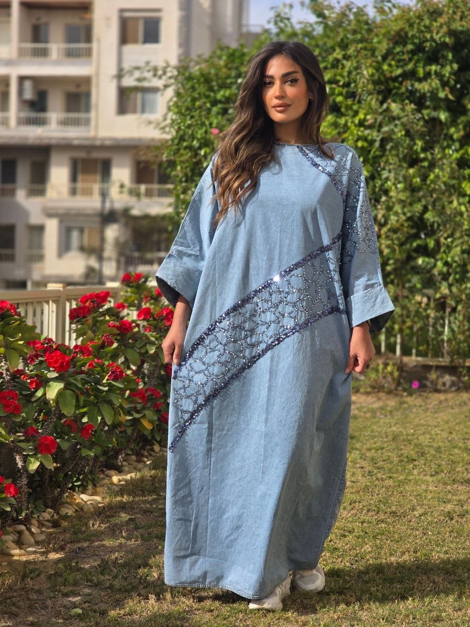 Light blue embroidered denim dress - Image 3