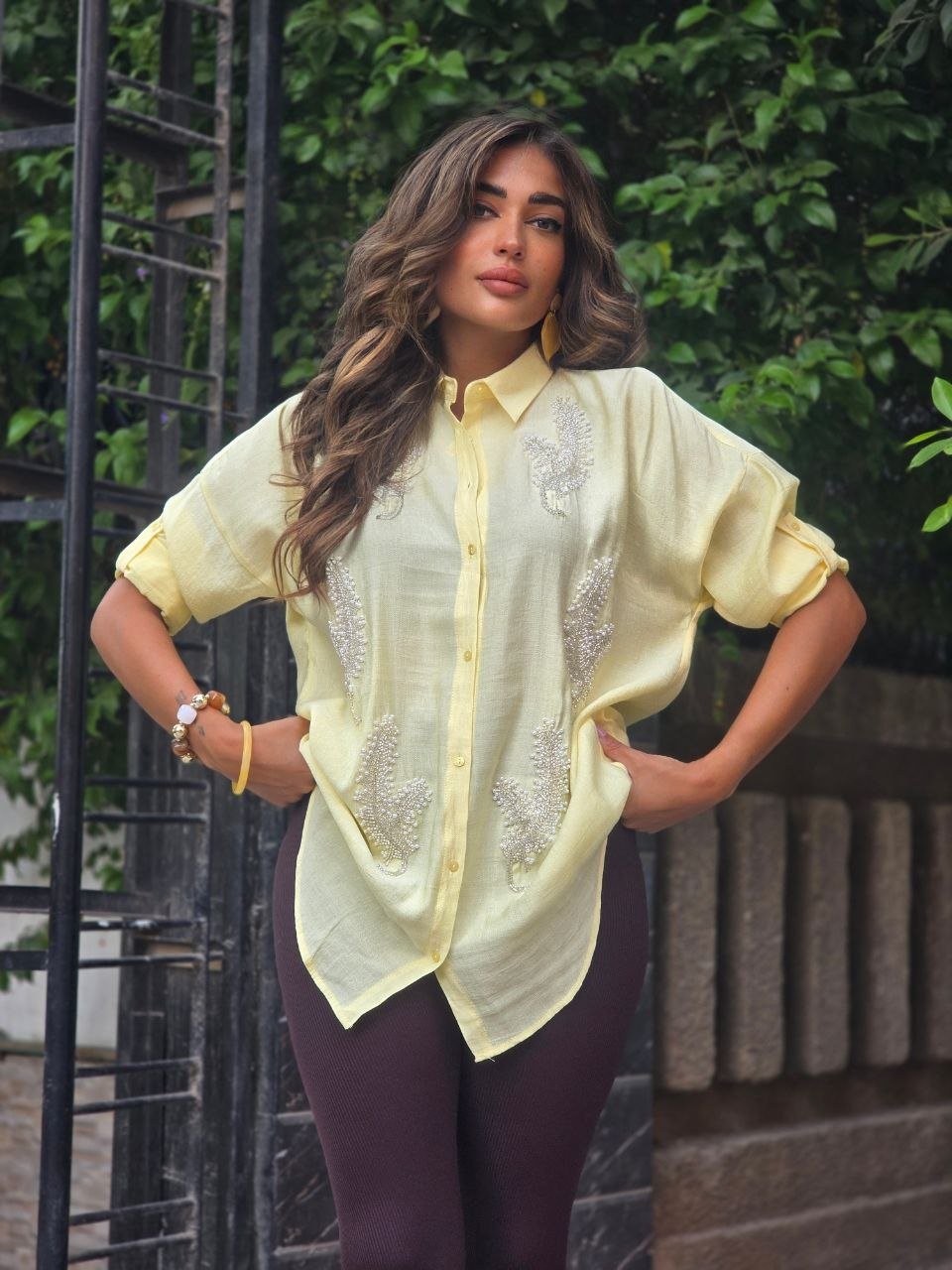 Yellow leaflets embroidered shirt - Image 3