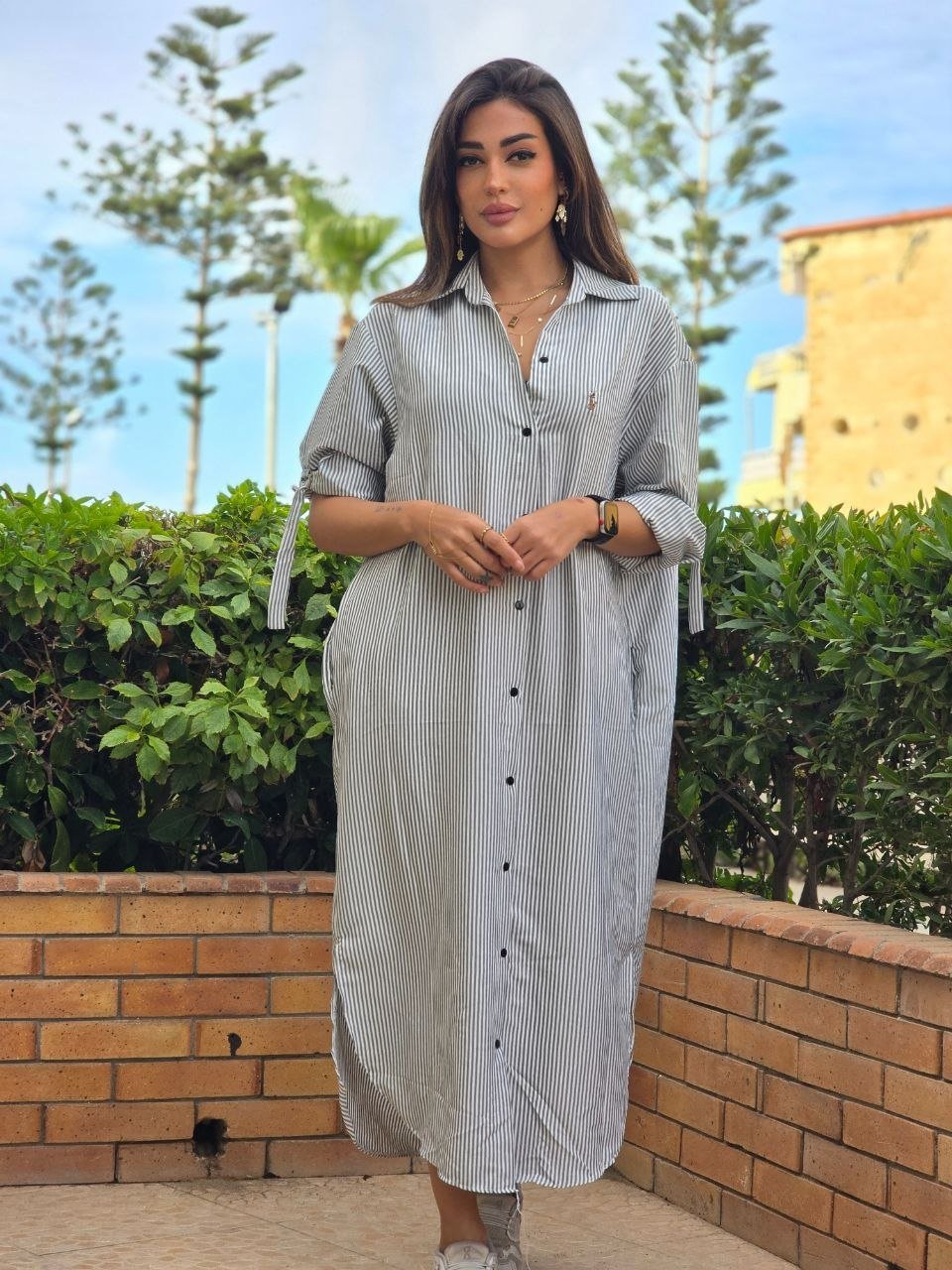 Grey stripped Polo chemise dress  - صورة 1