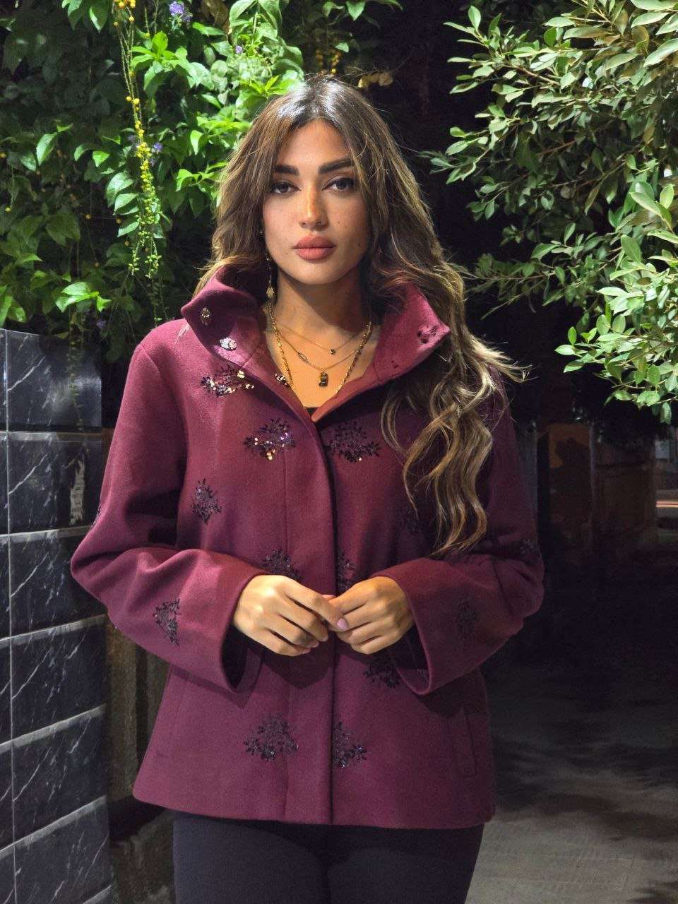 Classic Burgundy Jacket with Black Sequins - Image 2