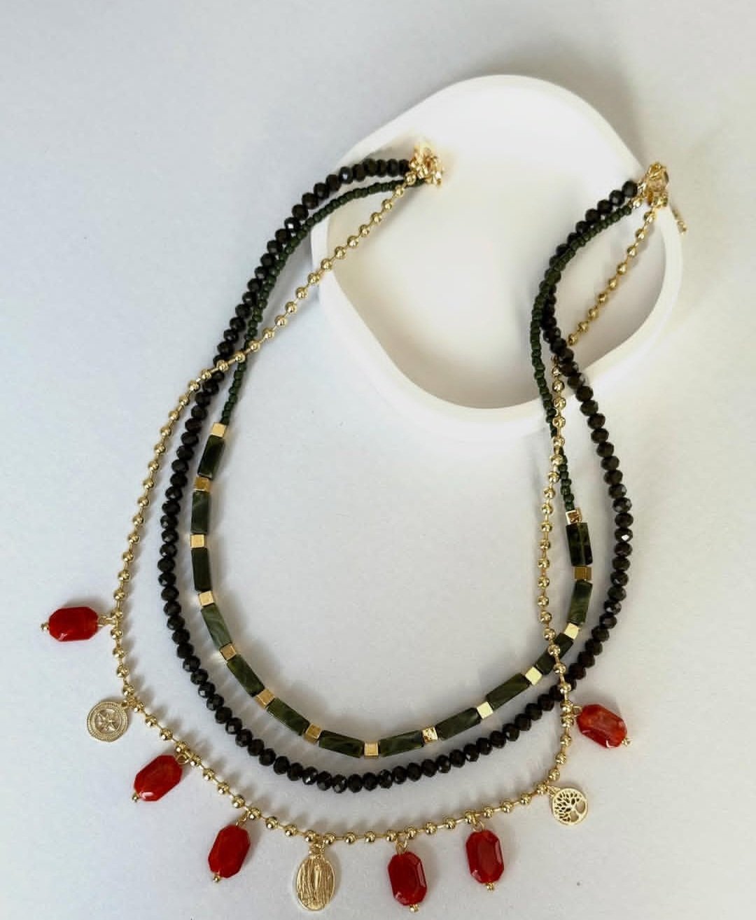 Layered Necklace With Green, Black and Red Beads  - Image 2