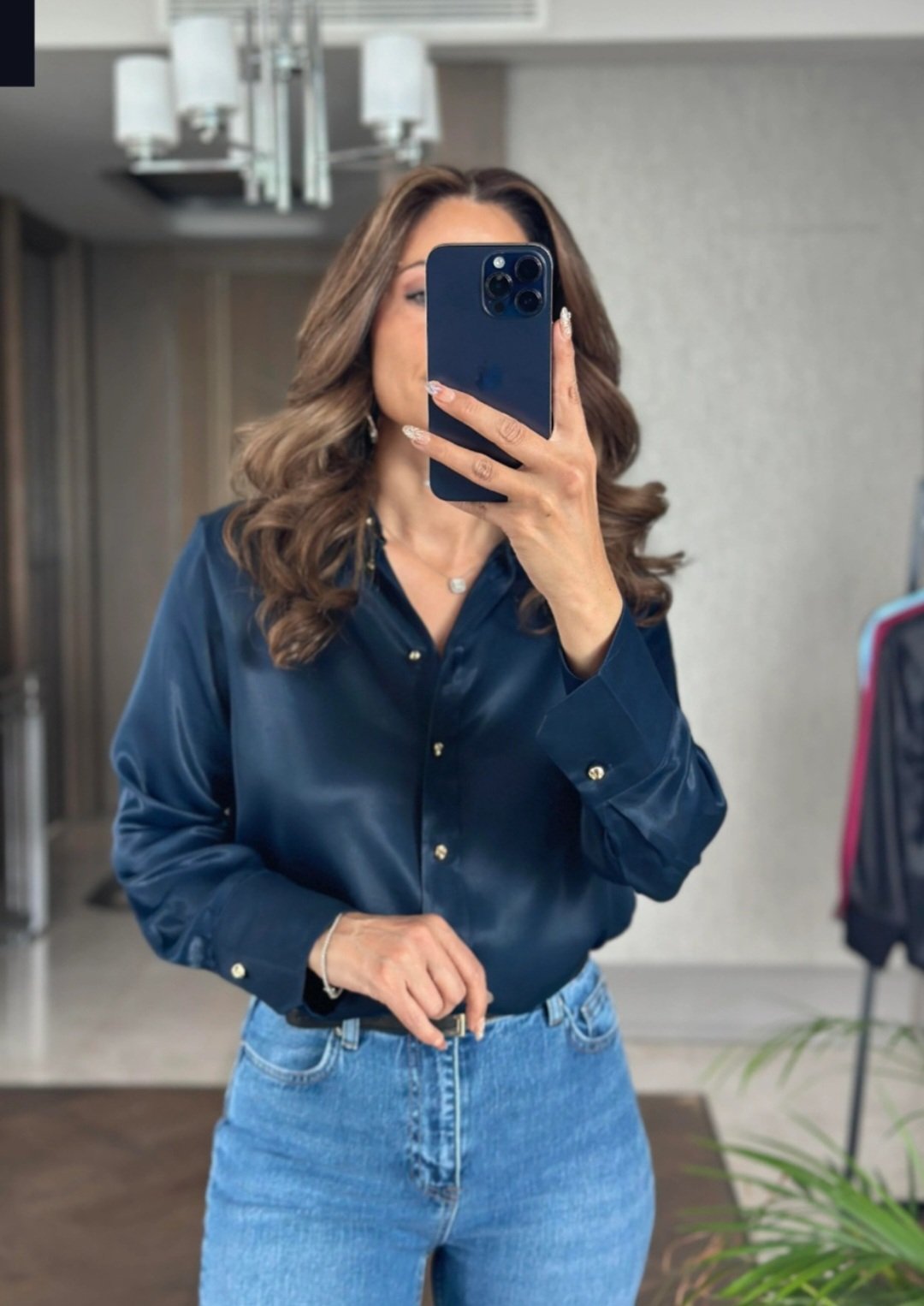Navy Satin shirt with gold buttons  - Image 3