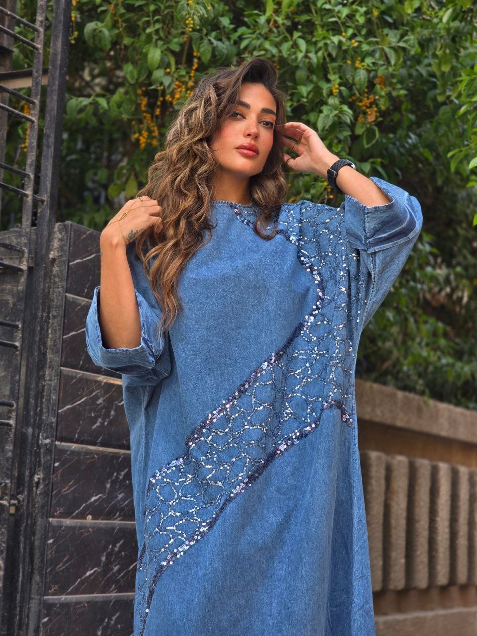 Dark blue embroidered denim dress - Image 1