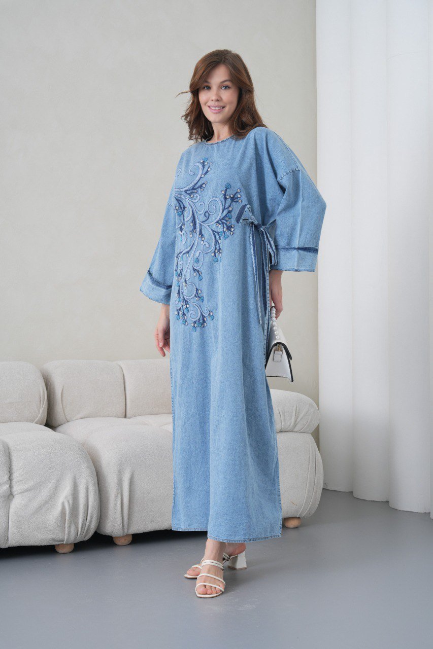 Light blue floral sequin embroidered denim dress with side tie  - Image 9