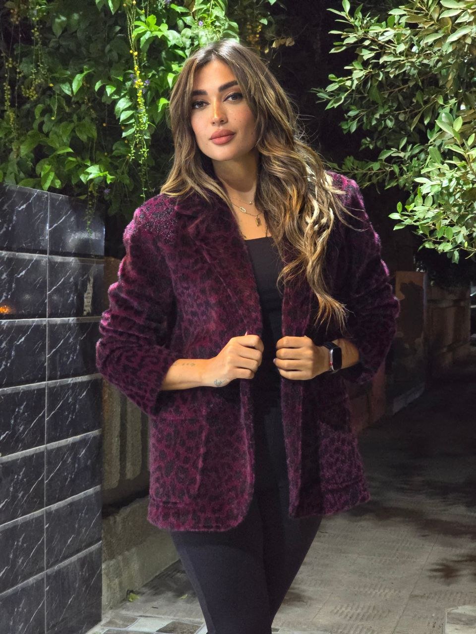 Burgundy and Black Fuzzy Leopard Blazer - صورة 1