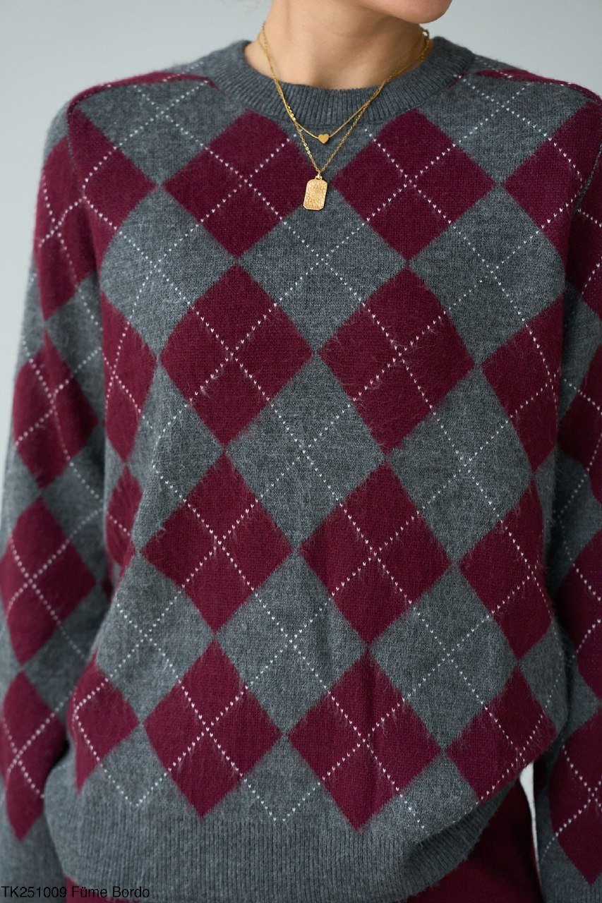 Grey Burgundy Argyle Pullover  - Image 3