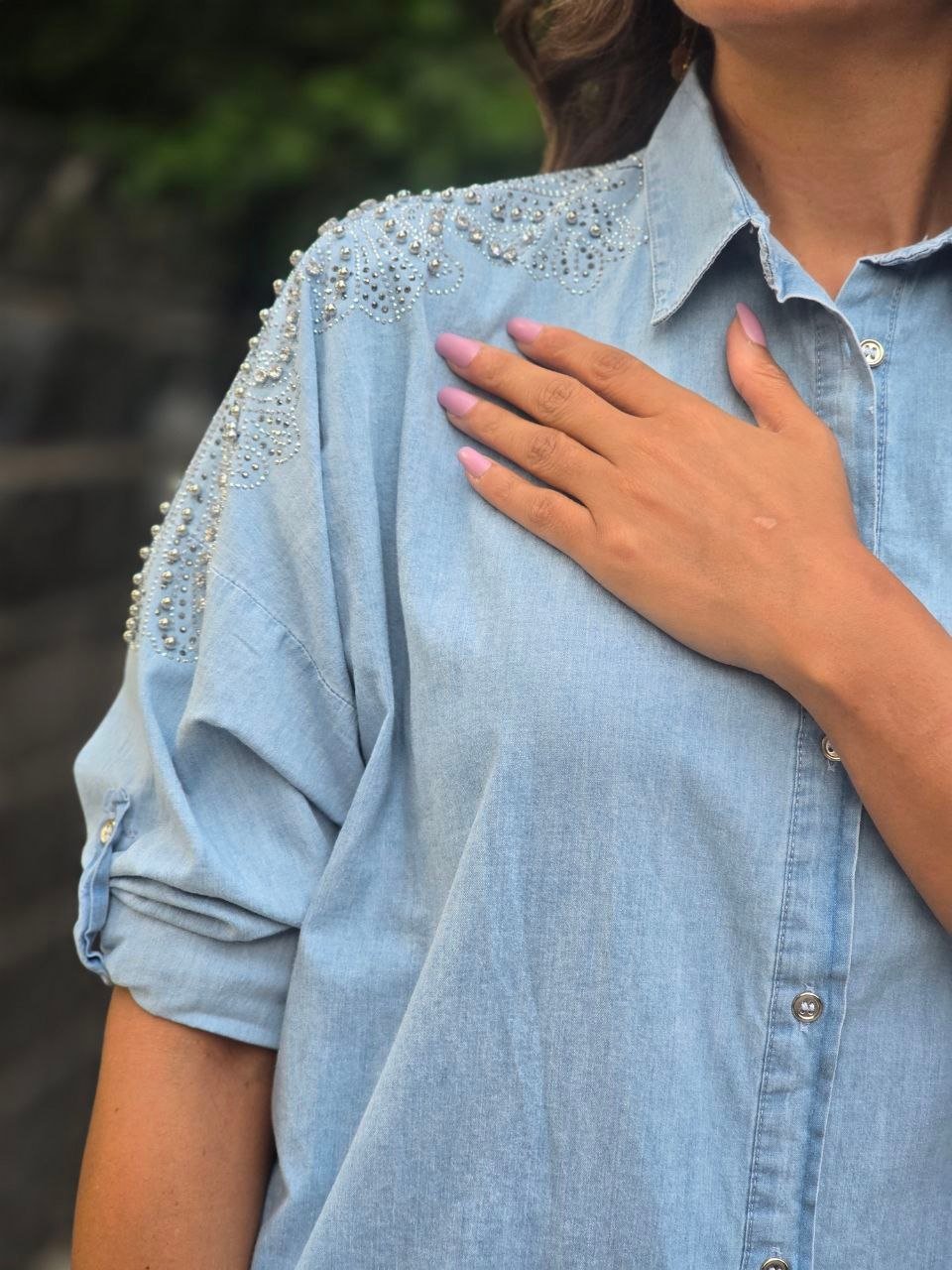 Light blue denim embroidered shirt - Image 3