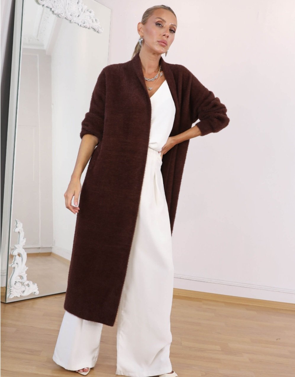 Long Open Chocolate Brown Mohair Cardigan  - Image 2