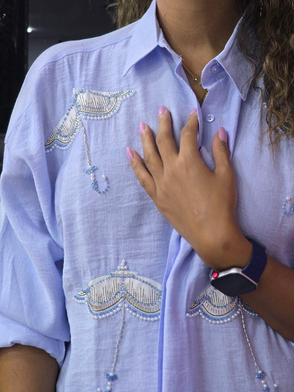Baby blue Umbrella embroidered linen shirt 🌂  - Image 5