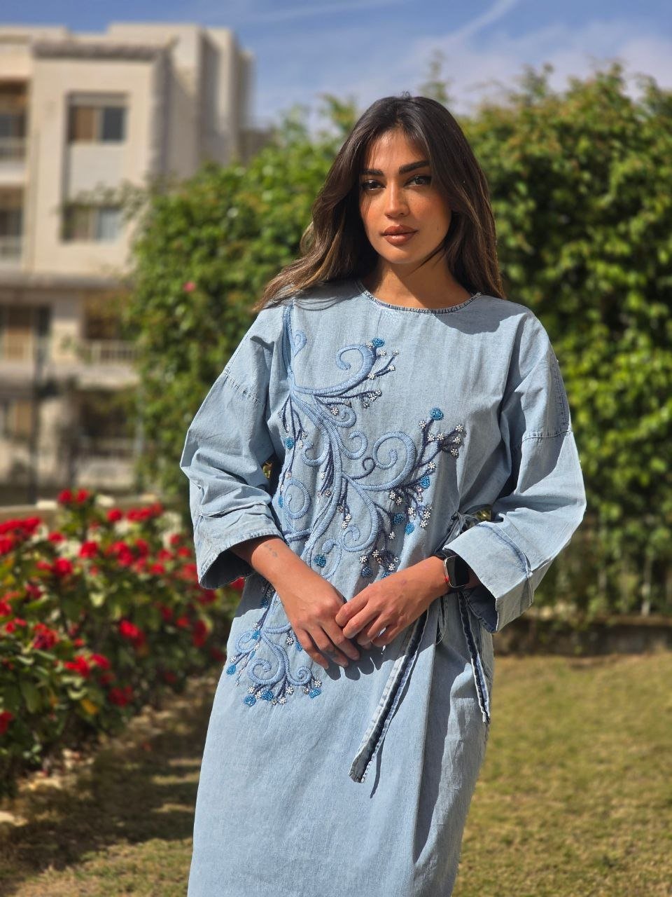 Light blue floral sequin embroidered denim dress with side tie  - Image 1