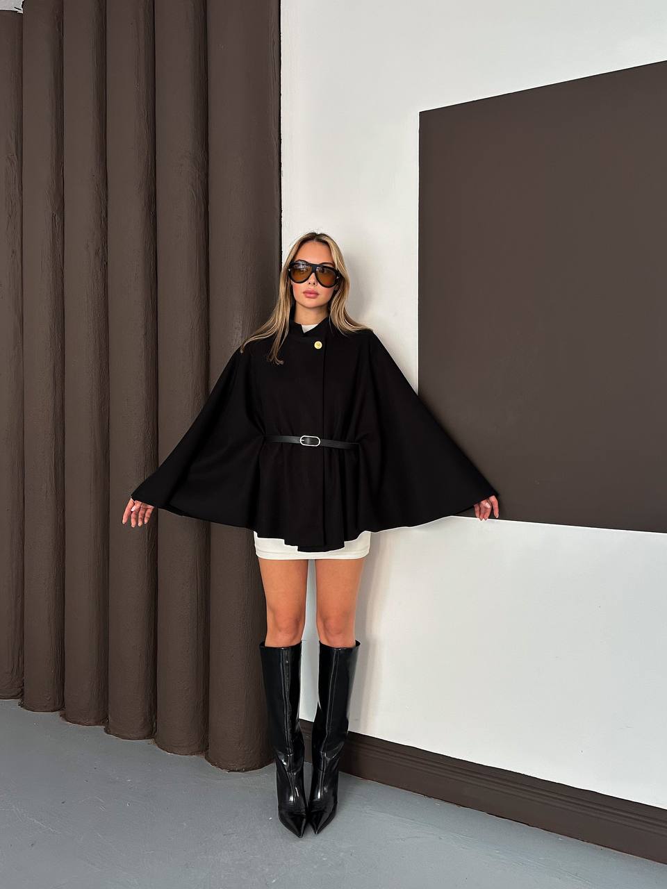 Black Poncho with Gold Button and Black Belt - Image 4