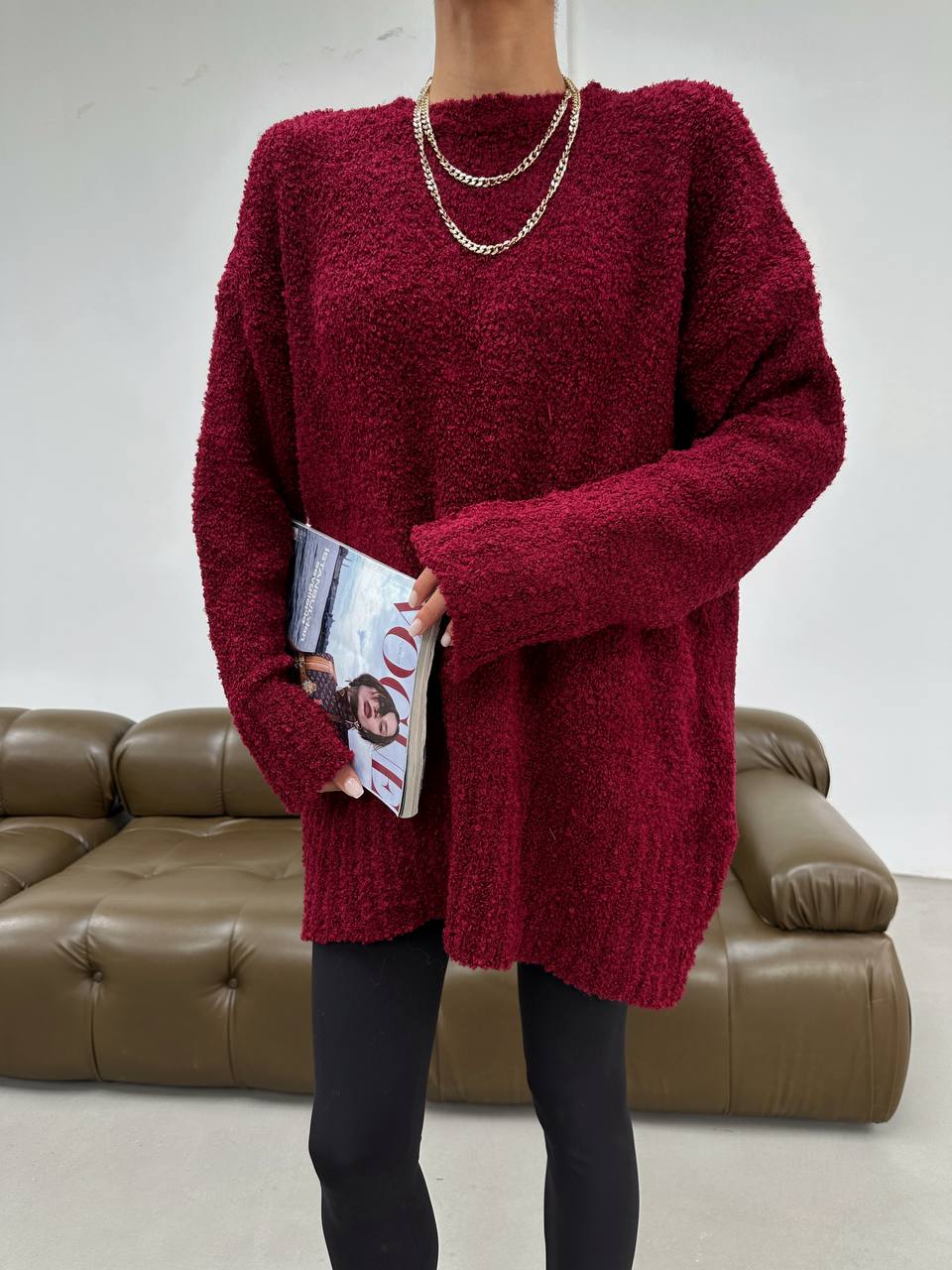 Nubby Textured Oversize Bordo Pullover  - Image 4