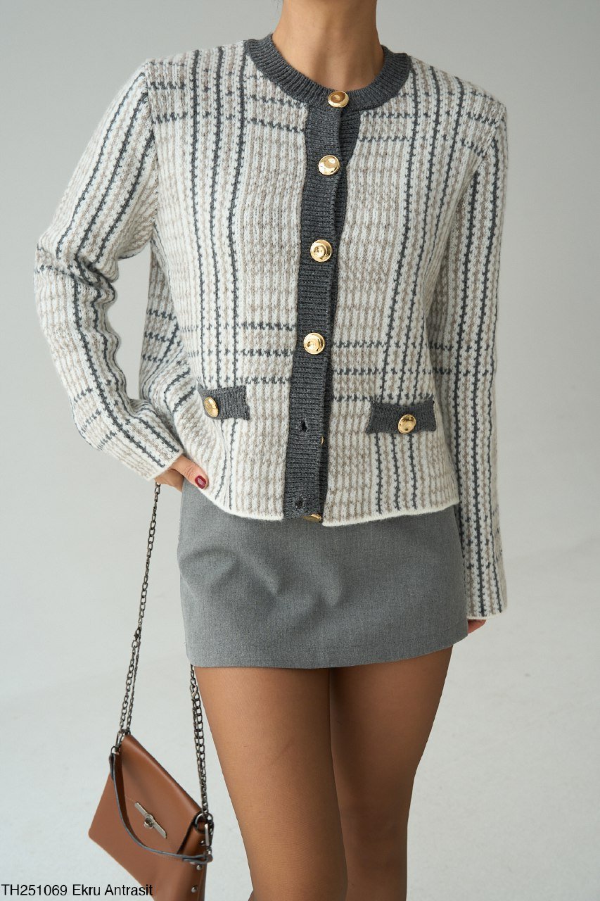 Grey Wool Cardigan with Gold Buttons  - Image 1