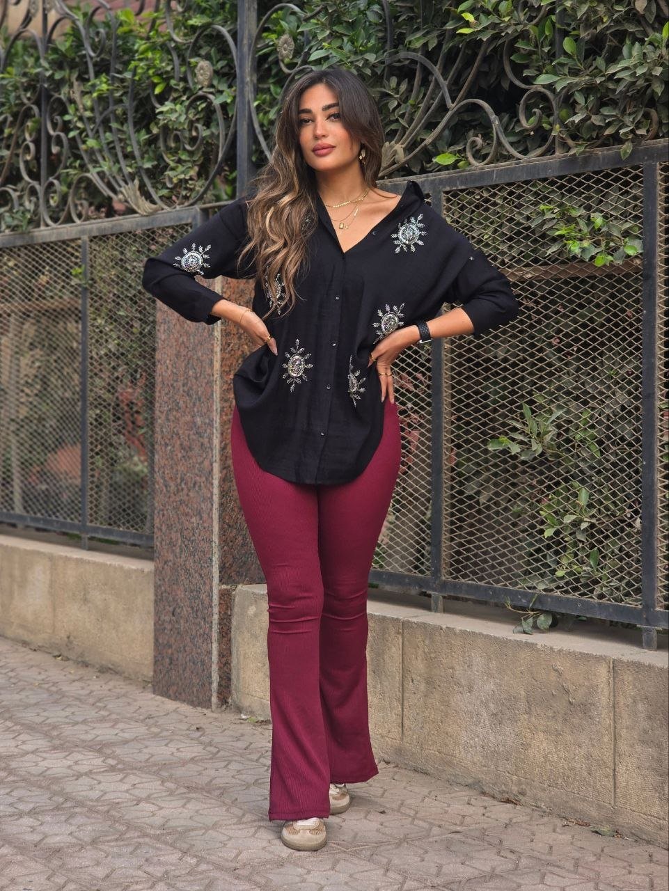 Burgundy Ribbed Flare Pants  - Image 3