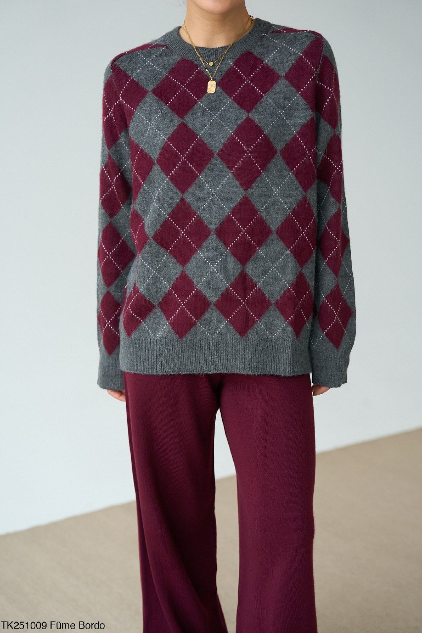 Grey Burgundy Argyle Pullover  - Image 2