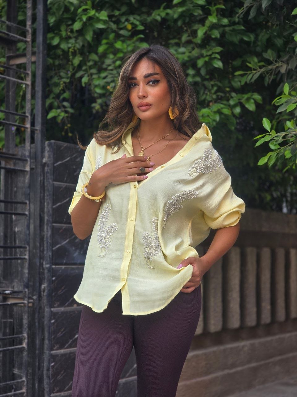 Yellow leaflets embroidered shirt - Image 2
