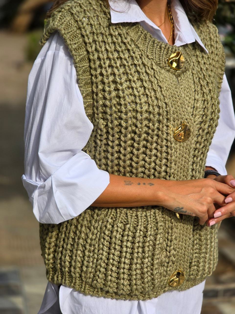 Olive Triko Vest With Gold Buttons  - Image 2