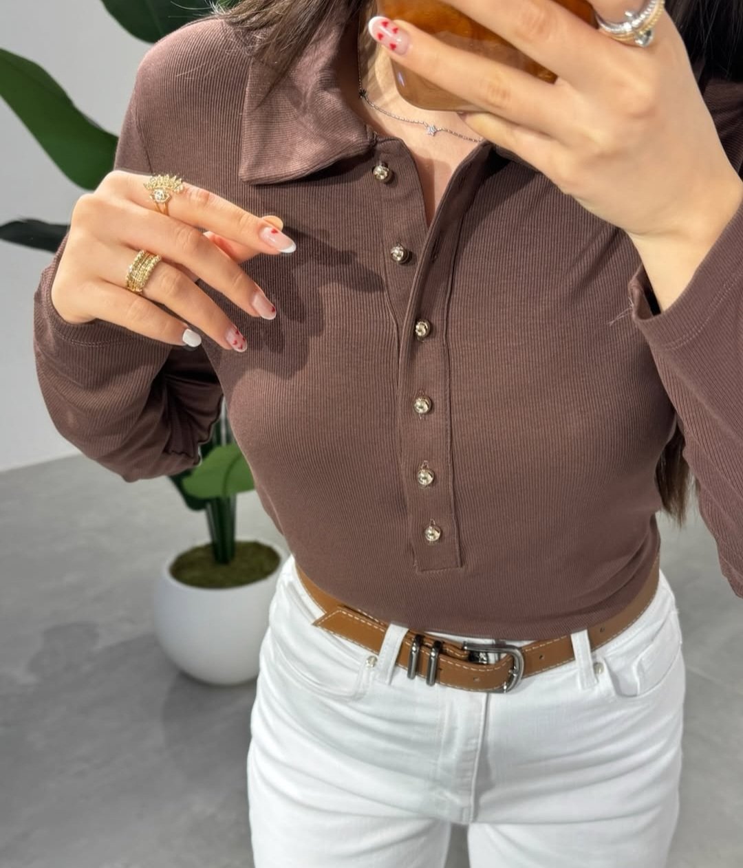 Brown Dilvin top with gold buttons  - Image 2