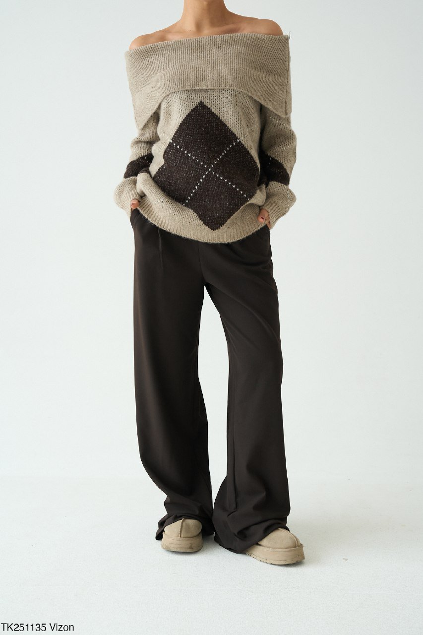 Brown Argyle Off Shoulder Pullover  - Image 3
