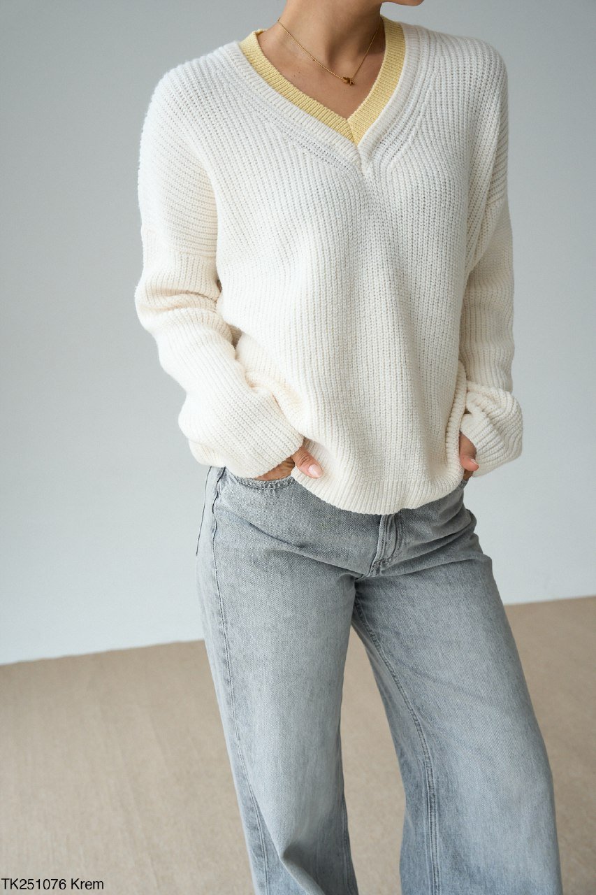 V Yaka Duo-colour Knitted Pullover  - صورة 6