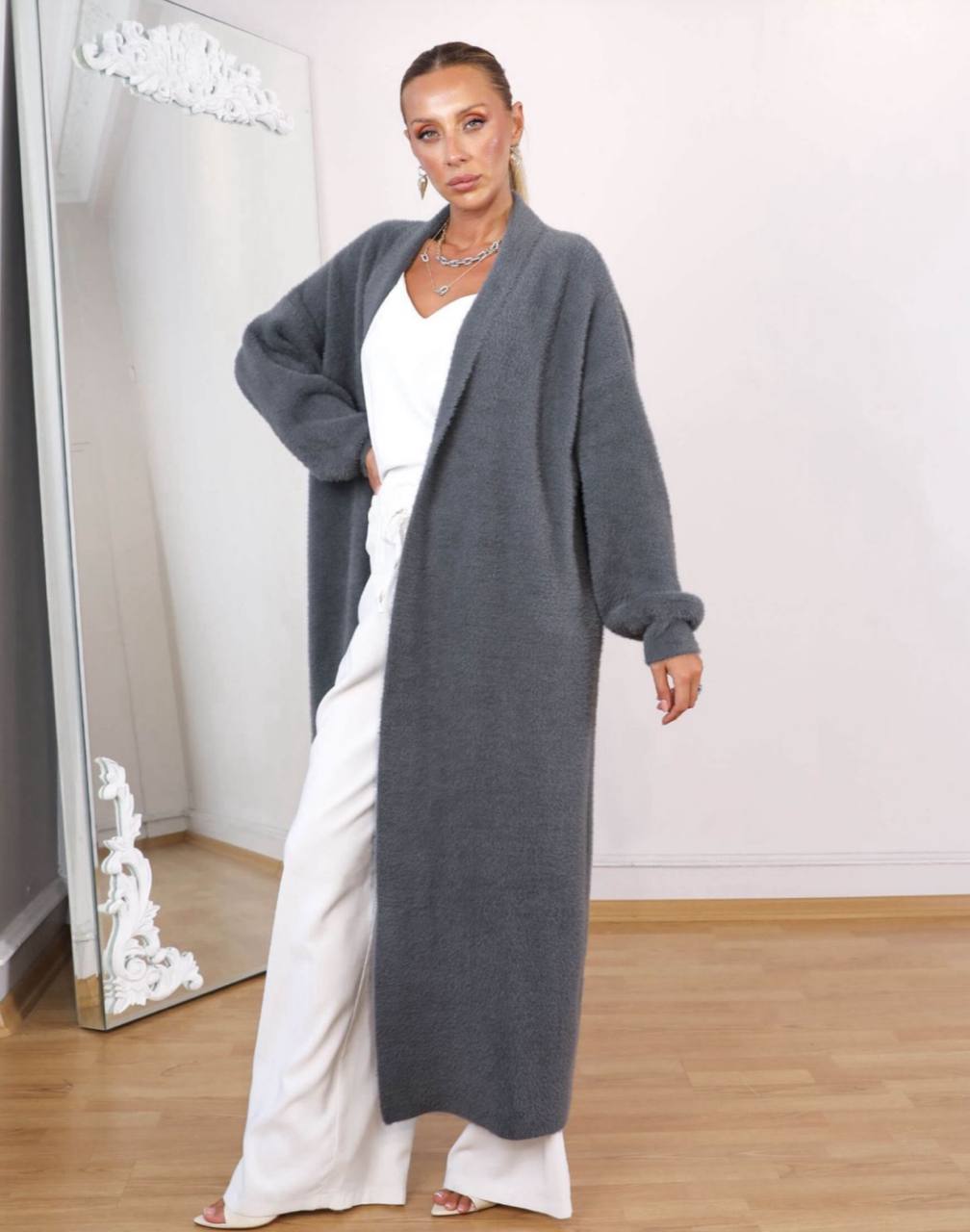 Long Open Dark Grey Mohair Cardigan  - Image 2