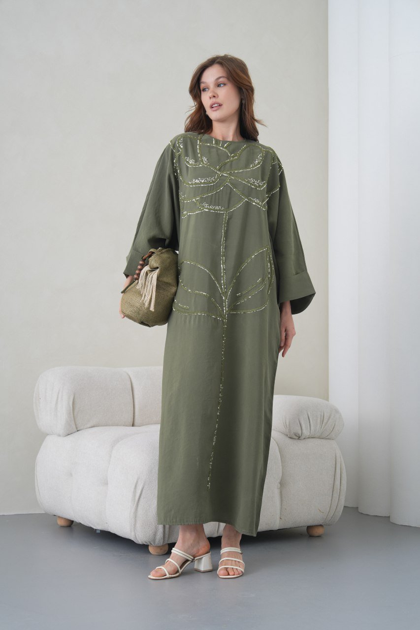 Olive floral embroidered dress - Image 3