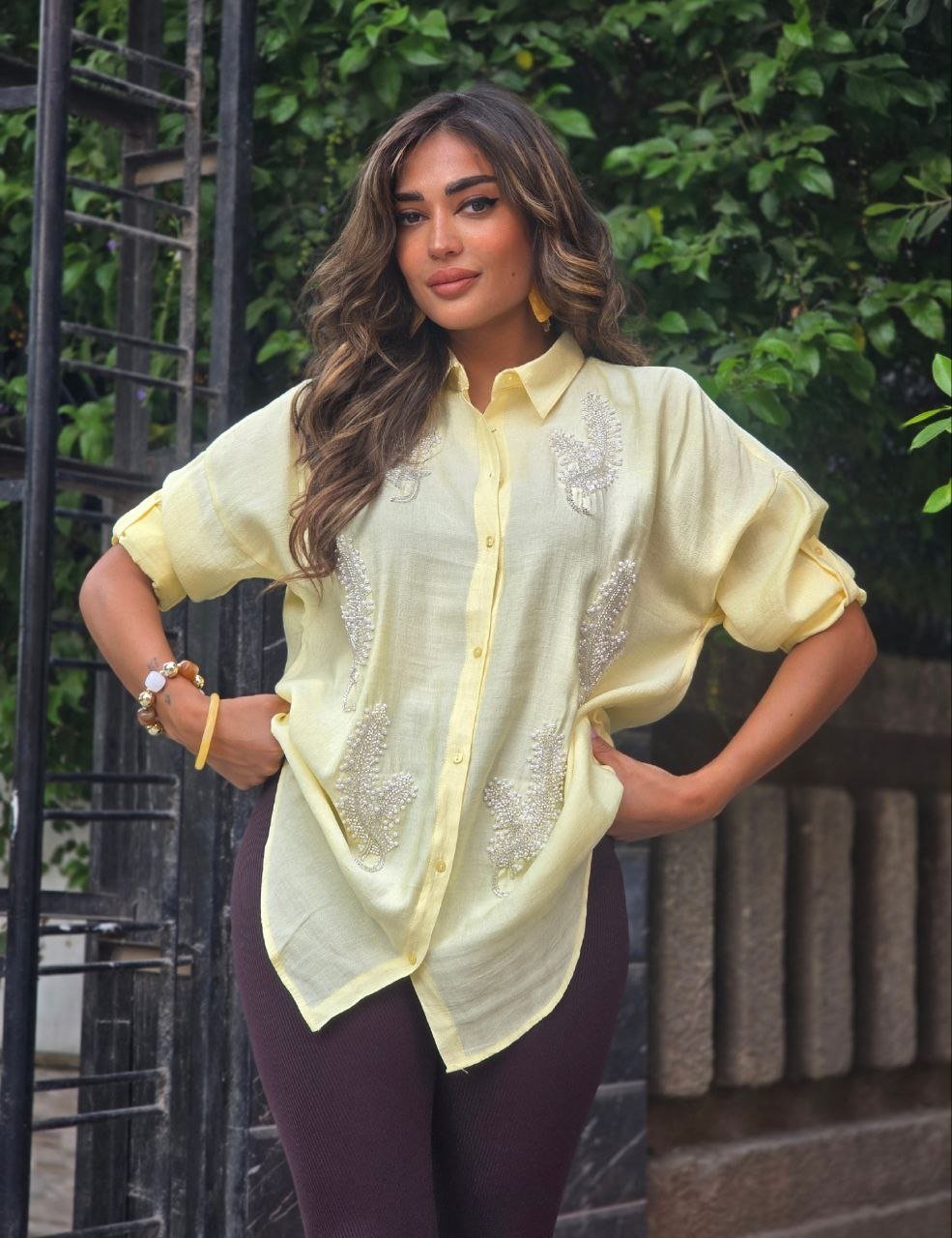 Yellow leaflets embroidered shirt - Image 4