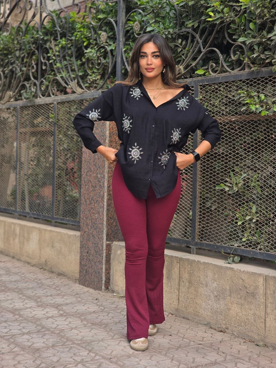 Burgundy Ribbed Flare Pants  - Image 2